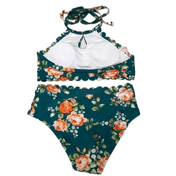 Cupshe teal floral scallop halter bikini set L - Picture 3 of 7